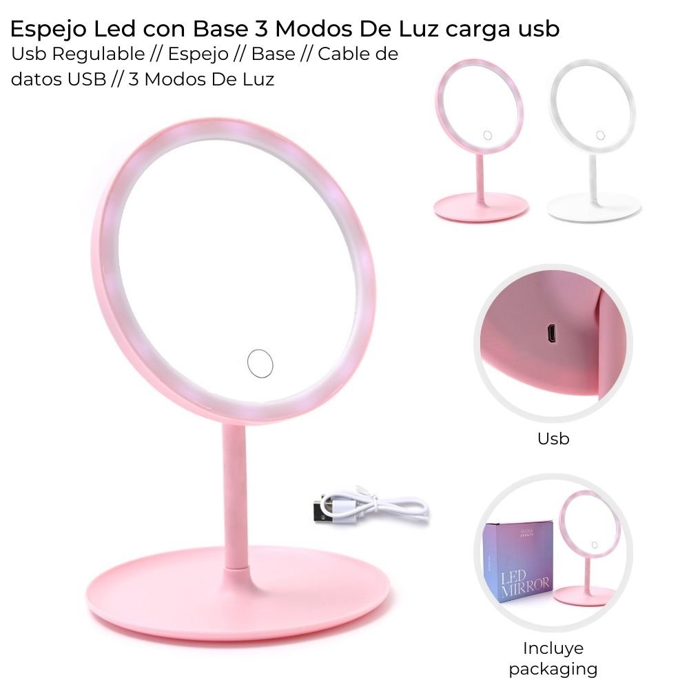 Espejo LED con Base 3 Modos de Luz USB 39008