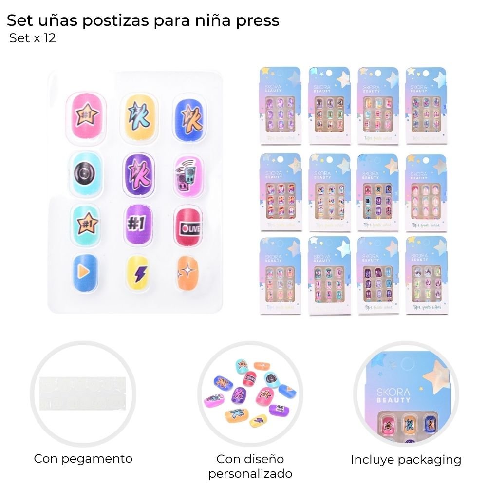 Set Uñas Postizas Infantiles Press x 12 unid 38958